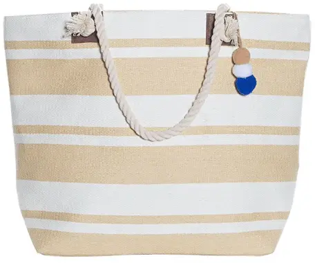 Beach Bag By Pier 17 - Beach Tote Bag withTop Zipper Closure Cotton Rope Handles Built-In Inner Backing for Extra Durability