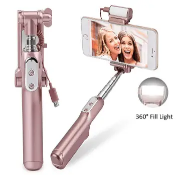 MOCREO Wireless Selfie Stick with 360 Degree Led Fill Light and Mirror