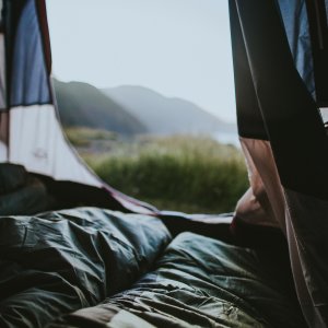 sleeping bag in a tent